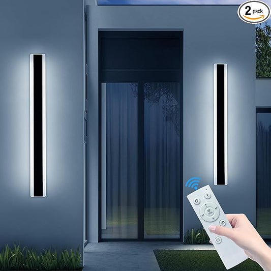 2 Pack 31.4inch Modern Outdoor LED Wall Sconce, Dimmable 3000K-6000K with Remote Control, IP65 Waterproof Black Aluminium Long Exterior Wall Light Fixture for Porch, Patio, Garage, Yard