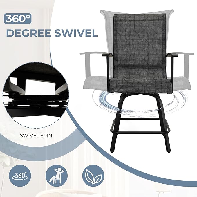 Grand patio Counter Height Outdoor Swivel Bar Stools Set of 2, Patio Bar Chairs with Arms Backs for Porch Balcony, Poolside, Deck (Black&Grey Plaid, 2PC)