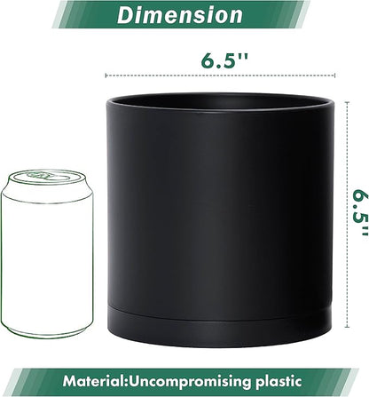 D'vine Dev 4 Pack 6.5 Inch Modern Plastic Plant Pots, Small Garden Planters for Plant with Drainage Holes and Saucers, Black Color, 74-Y-L-2