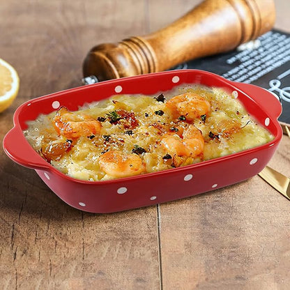 AVLA Set of 4 Ceramic Small Casserole Dishes, 7"x5" Porcelain Roasting Lasagna Pan, Individual Casserole Dishes Bakeware with Handle Rectangular Dish, Ceramic Baking Dish for Oven, 20 Oz, Polka Dot, Assorted Color