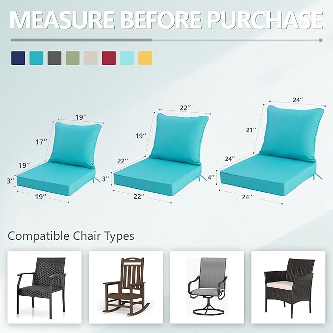 22x22 Inch Patio Chair Cushions Set of 2, Outdoor Furniture Cushions - Removable Cover, Water-Repellent, Fade-Resistant, Non-Slip Bottom & Straps, Replacement for Lawn, Porch & Deck Chair - Teal