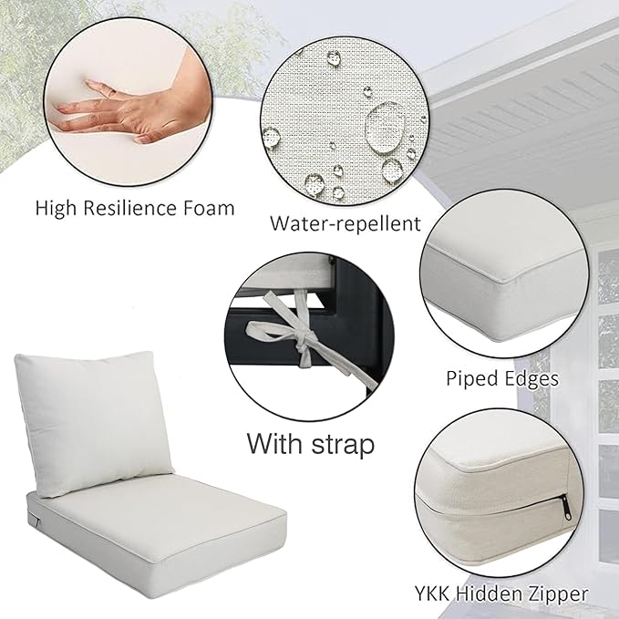 COZYVIDA Outdoor/Indoor 23.5x25 inch Deep Seat Patio Cushions Set of 2 Resilient Foam Filling Water Repellent Stain-Resistant UV Resistant Weather Resistant Patio Cushions Almond