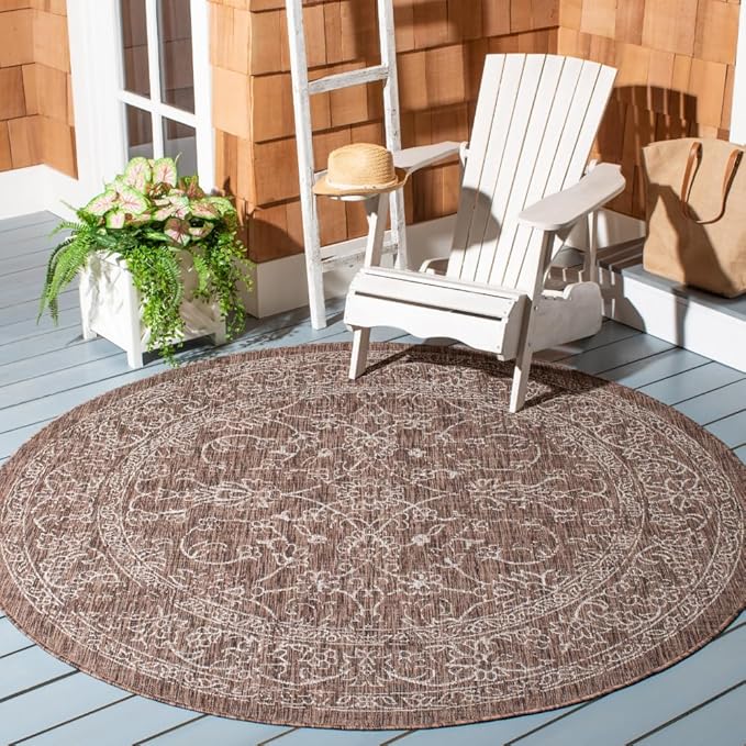 SAFAVIEH Courtyard Collection 7'1" Round Brown/Ivory CY8680 Indoor/ Outdoor -Waterproof Easy -Cleaning Patio Backyard Mudroom Area -Rug