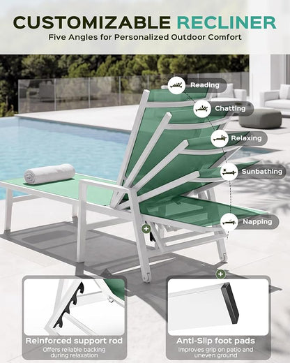 Patio Chaise Lounge Chair Outdoor with Wheels&Armrests, Aluminum Pool Lounge Chairs Set of 2 Five-Position Adjustable Recliner, Outdoor Beach Lounge Chairs for Outside, Patio, Deck, Yard, Light Green