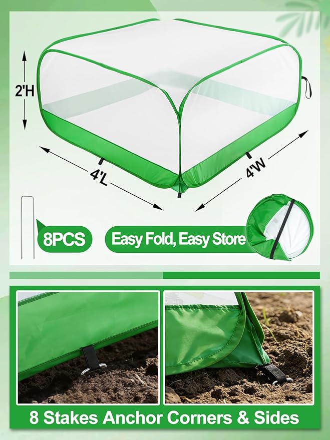 Pop Up Garden Netting for Square Raised Beds - 4'L x 4'W x 2'H Ultra Fine Mesh Net Plant Cover with 8 Stakes, Protection for Vegetables Fruit from Birds Pests