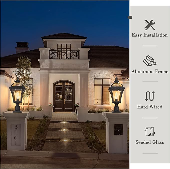 Emliviar 22 Inch Outdoor Post Light, Farmhouse Vintage Outside Pole Light for Yard, Aluminum with Seeded Glass, Black Finish, XE266P BK