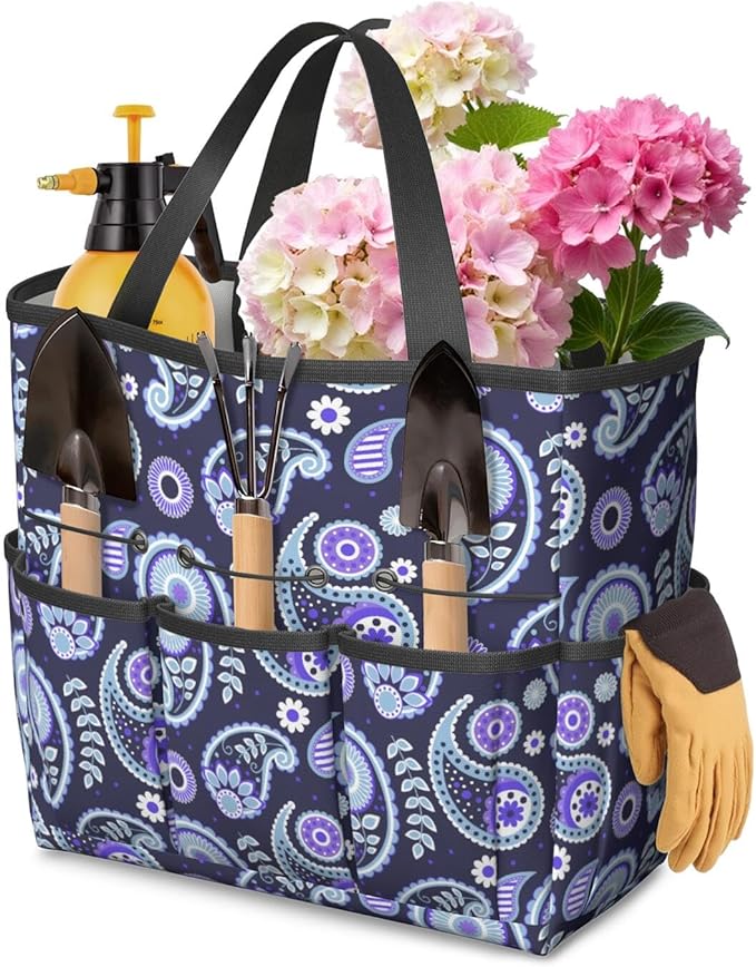 Paisley Garden Tool Bag - Waterproof Garden Tote with 8 Pockets, Large Storage Home Organizer Gardening Tool Oxford Bag for Garden Tools Kits Holder, Ideal Outdoor Gardening Gift for Women & Men