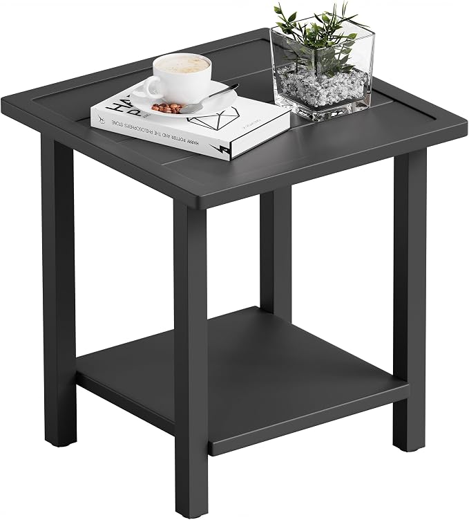 Outdoor Large Square Side Table, Heavy-Duty Metal Patio End Table, Weather Resistant Poolside Table with Easy Assembly for Balcony, Deck, Backyard (Dark)