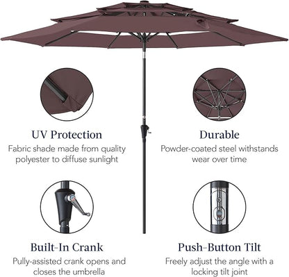 Best Choice Products 10ft 3-Tier Market Patio Umbrella, Outdoor Sun Shade with Tilt, Crank Lift, 8 Ribs for Backyard, Deck, Poolside – Deep Taupe