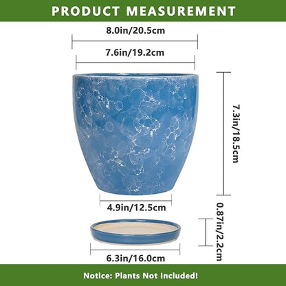 8 Inch Plant Pot - Ceraimc Planter for Indoor Outdoor Plants, Round Flower Pot with Drainage and Saucer, Decorative Planter, Porch Room Office House Decor, Gardening Gifts for Women, Blue