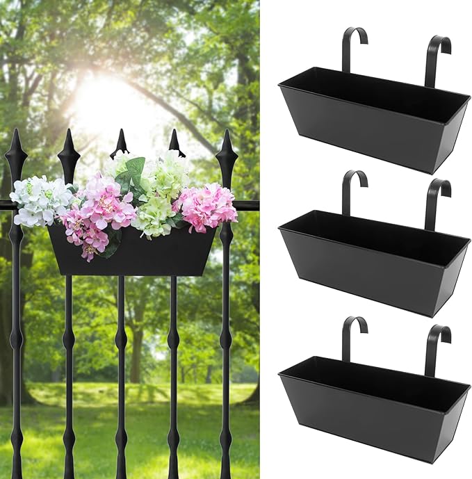 Railing Planters Outdoor Balcony 16 Inch Deck Over The Railing Planter Boxes Hanging Planters for Fence Flower 3 Pcs (Black)