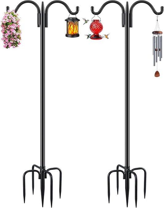 Gtongoko Bird Feeder Pole for Outdoors Heavy Duty, 2 Pack 63 Inch Double Shepherds Hook with 5-Prong Stable Base, 5/8 Inch Thick Hummingbird Feeder Stand for Hanging Plants, Lanterns