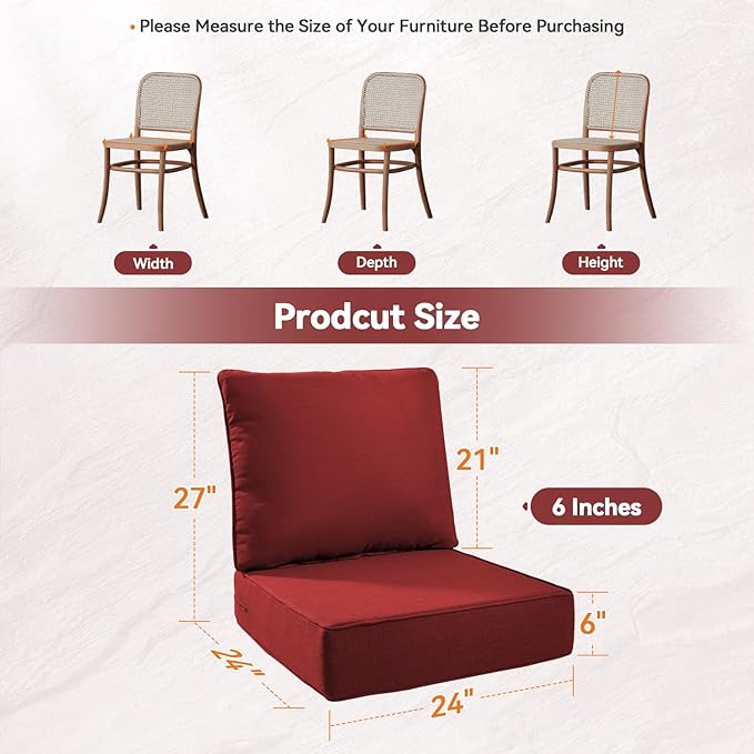 Luxury 6" Outdoor Cushions for Patio Furniture, 24x24x6" Thick Seat Cushion Set of 4, Fade Resistant Couch Chair Replacement Cushions High Density Deep Wicker Chair Cushion w/ Removable Cover, Red