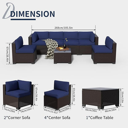 7-Piece Outdoor Sectional Patio Furniture Set, All-Weather Wicker Rattan Sofa w/Thick Washable Cushions & Tempered Glass Table, Perfect for Garden, Poolside, Backyard (7, Darkbrown&Navy Blue)