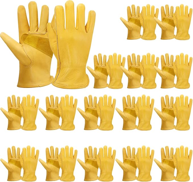 Sintuff 16 Pairs Men's Cowhide Leather Gloves Cowhide Leather Gardening Gloves with Reinforced Palm Stretchable Wrist Tough for Wood Cutting, Construction, Driving, Garden Working(Medium,Yellow)