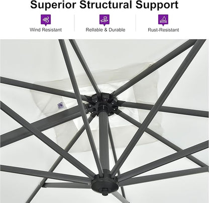 PURPLE LEAF 10 Feet Patio Umbrella Outdoor Cantilever Round Umbrella Aluminum Offset Umbrella with 360-degree Rotation for Garden Deck Pool Patio White