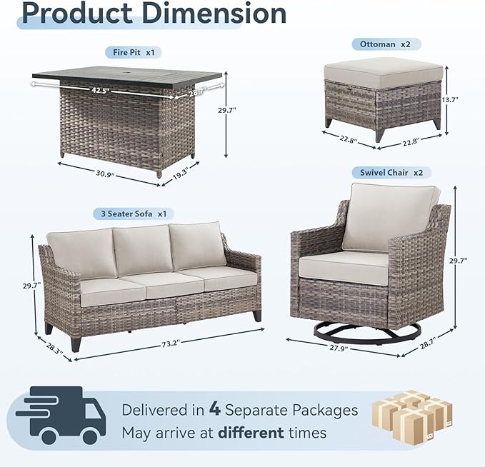 Patio Furniture Set with 42.5" Fire Pit Table-6 Pieces All Weather Wicker Outdoor Furniture with High Back Swivel Patio Chairs Set of 2 Outdoor Couch for Deck Balcony Backyard Beige/Gray