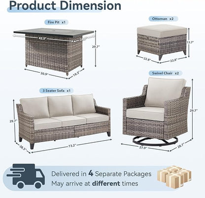 Patio Furniture Set with 42.5" Fire Pit Table-6 Pieces All Weather Wicker Outdoor Furniture with High Back Swivel Patio Chairs Set of 2 Outdoor Couch for Deck Balcony Backyard Beige/Gray