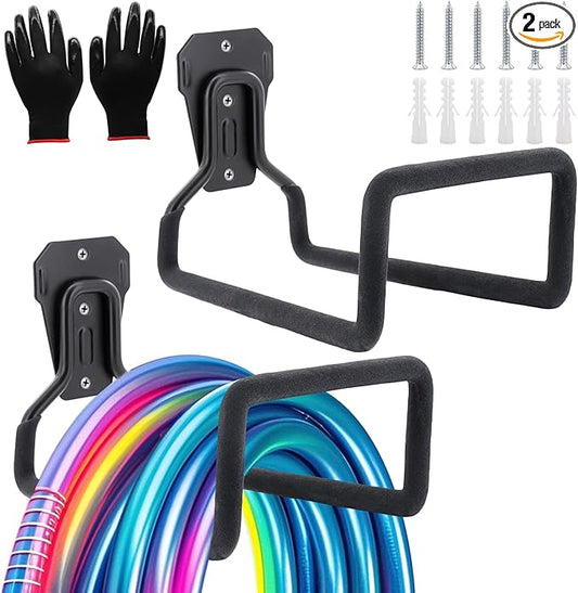 2 Pack Garden Hose Holder, Hose Reel Heavy Duty Hose Hanger, Wall Mounted Water Hose Holder Outdoor/Indoor Metal Durable Hose Hooks Ideal for Water Hose Storage Garden Yard Hold Max 154 Lbs- Black