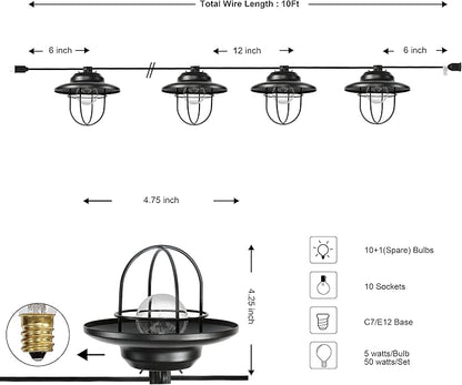 JONATHAN Y JYL8703A Indoor Outdoor Rustic Farmhouse Incandescent G40 Metal Cage Shade String Lights Garden Patio Backyard Porch Balcony, 10 ft. 10-Light, Black
