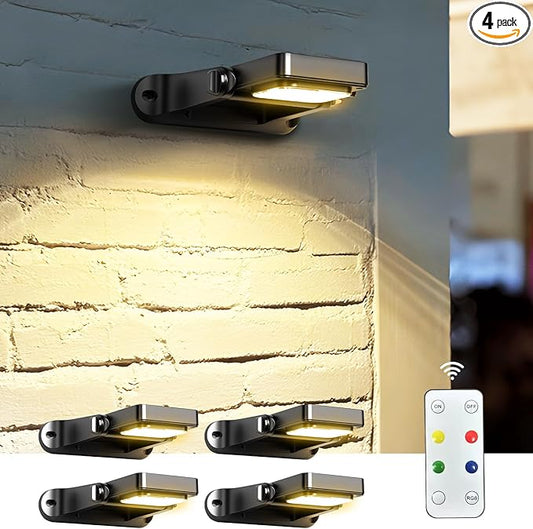 COXSENI Solar Wall Lights Outdoor with Remote Control, Large Battery, 6 Color Modes, Warm/Cool White, RGB, IP65 Waterproof 360° Adjustable Angle for Fence Porch Yard Deck Step, 4 Pack