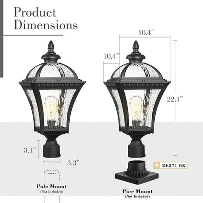 Emliviar 22" Outdoor Lighting for Post, Black Exterior Lamp Post Light Fixture for Yard, Aluminum Pillar Light with Water Ripple Glass, XE266P-SW BK