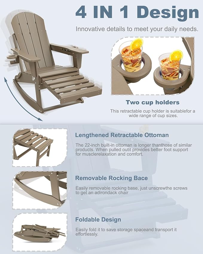 Adirondack Rocking Chairs Set of 6 with Retractable Ottoman, All Weather Folding Adirondack Chair with Two Cup Holders, Adirondack Outdoor Rocking Chairs for Porch, Patio, Balcony. Brown