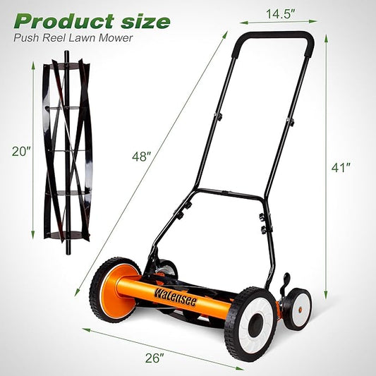 Walensee Push Reel Lawn Mower, 20-Inch 5-Blade Cordless Manual Reel Lawn Mower, Walk-Behind Steel Lawn Mower with 9-Position Cutting Height Adjustment & Sponge Grip