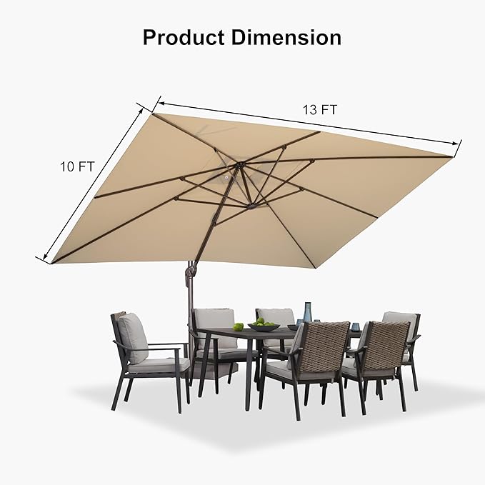PURPLE LEAF 10' X 13' Patio Cantilever Umbrella with Base Rectangle Umbrella Outdoor with Aluminum Offset Hanging and 360° Rotation for Pool Garden Deck Patio, Beige