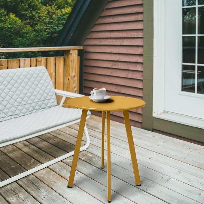 Meluvici Outdoor Side Table - Weather Resistant Patio Small Round Metal Steel Side Table, Waterproof End Table for Garden, Balcony, Yard - Yellow