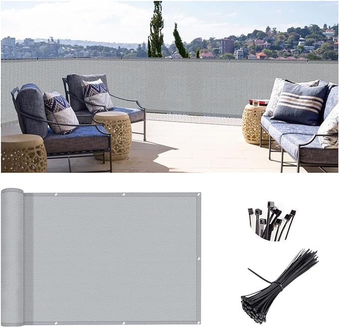 SUNLAX 3'x16' Grey Balcony Privacy Screen Fence Windscreen Cover Fabric Shade Netting Mesh Cloth with Grommets UV Protection for Patio, Backyard, Porch, Railing Shield 90% (We Make Custom Sizes)