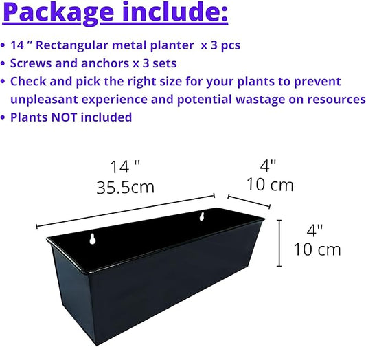 LaLaGreen Wall Planter Indoor Plants - 3 Pack, 14 Inch Large Wall Mount Planters for Succulent Black, Rectangular Metal Hanging Flower Pot, Long Window Sill Plant Box Fence Railings Floating Shelve