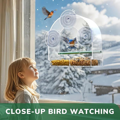 SUNALLY Window Bird Feeder for Outdoors, Clear Feeders Window Mounted with Strong Suction Cups, Fummingbird Feeder for Viewing Inside, Oriole, Finch Bird Watching for Cats, Elderly, Kids