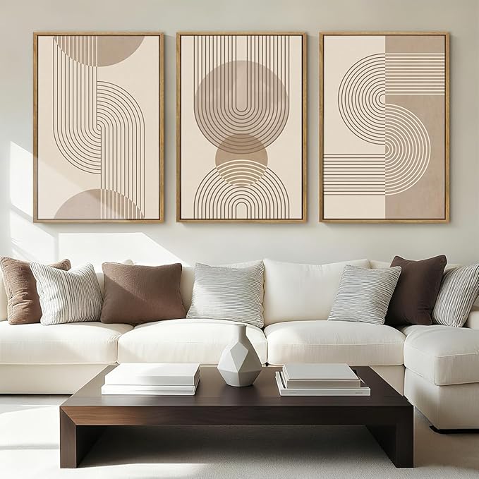 Anyzal Extra Large Boho Neutral Abstract Framed Wall Art 24x36 Inch Beige Modern Minimalist Canvas Wall Decor Mid-century Geometric Artwork for Living Room Bedroom Set of 3