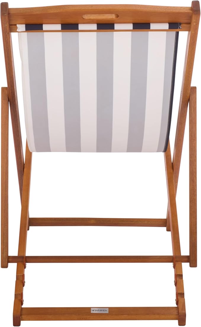 SAFAVIEH Outdoor Patio Furniture Collection – Loren Solid Eucalyptus Wood Folding Sling Chair Set of 2 with Navy & White Striped Fabric Seat, Coastal Style (PAT7040F-SET2)