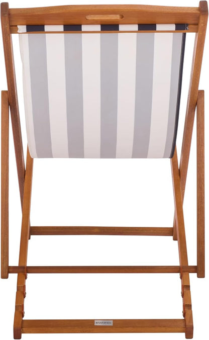 SAFAVIEH Outdoor Patio Furniture Collection – Loren Solid Eucalyptus Wood Folding Sling Chair Set of 2 with Navy & White Striped Fabric Seat, Coastal Style (PAT7040F-SET2)