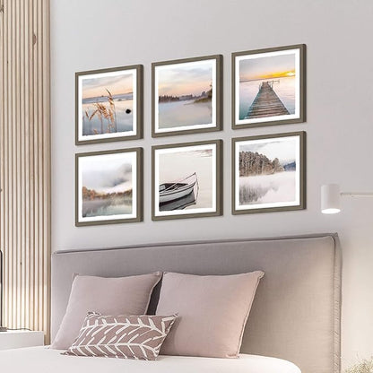 Modern Framed Lake Photo Painting: 6 Pieces Romantic Mountain Fog Prints Soft Colorful Landscape Wall Art Calming Nature Forest Water Painting Horizontal Multi View Scenery Artwork for Living Room