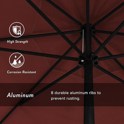 California Umbrella 9' Rd Aluminum Patio Umbrella, Crank Lift, Auto Tilt, Black Finish, Sunbrella Jockey Red