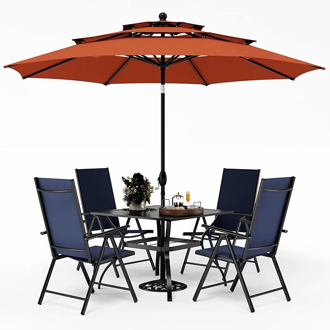 PHI VILLA 5 Pcs Outdoor Dining Set with Umbrella, Patio Dining Set with Metal Outdoor Table and Adjustable Patio Folding Chairs Blue for Yard, Lawn and Garden