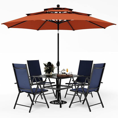 PHI VILLA 5 Pcs Outdoor Dining Set with Umbrella, Patio Dining Set with Metal Outdoor Table and Adjustable Patio Folding Chairs Blue for Yard, Lawn and Garden