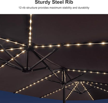 PURPLE LEAF 14ft Patio Market Umbrella with Solar LED and Base Double-Sided Rectangle Outdoor Table Sun Umbrellas with Crank for Pool Beach Deck Backyard Gray