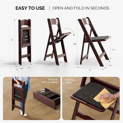 VINGLI Resin Folding Chairs with Cushion, Foldable Plastic Chair with Comfortable Padded Seats, Perfect for Event Party Indoor Outdoor, Reddish Brown, 4 PC