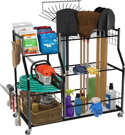 Large Garden Tool Organizer with Wheels, Yard Tool Organizer Stand for Long Handled Tools, Indoor/Outdoor Metal Yard Tool Storage Rack Cart for Garage, Shed, Garden