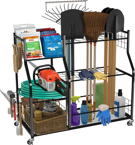 Large Garden Tool Organizer with Wheels, Yard Tool Organizer Stand for Long Handled Tools, Indoor/Outdoor Metal Yard Tool Storage Rack Cart for Garage, Shed, Garden
