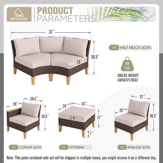 MFSTUDIO 10 Pieces Wicker Patio Furniture Set, All-Weather Rattan Outdoor Half-Moon Curved Sectional Sofa Set for Garden, Backyard, 4 x Curved Sofa, 2 x Armless Chair, 2 x Ottomans, 2 x Corner Sofa