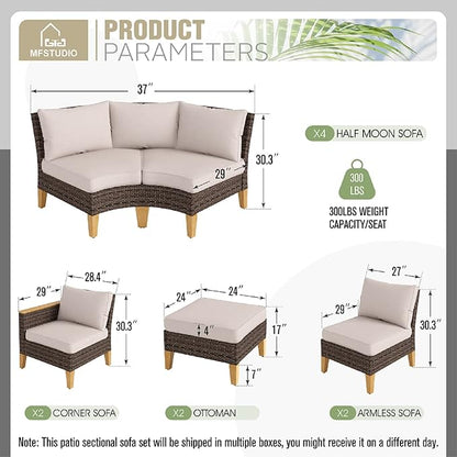 MFSTUDIO 10 Pieces Wicker Patio Furniture Set, All-Weather Rattan Outdoor Half-Moon Curved Sectional Sofa Set for Garden, Backyard, 4 x Curved Sofa, 2 x Armless Chair, 2 x Ottomans, 2 x Corner Sofa