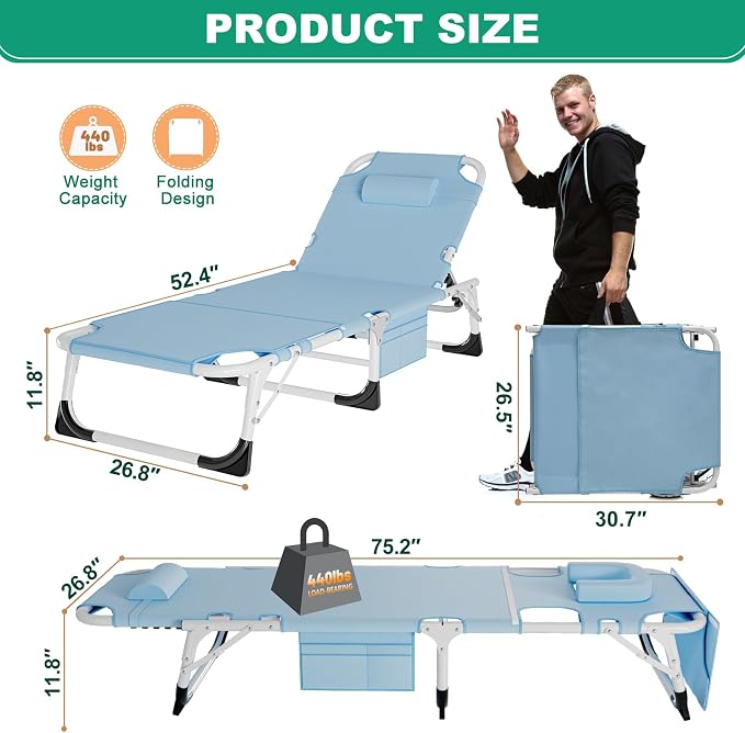 DoCred 3 in 1 Sun Tanning Chair Oversized with Face Arm Hole, Heavy Duty Folding Chaise Lounge Chairs, 5-Position Outdoor Lounge Chair for Beach, Pool, Lawn, Yard, Patio