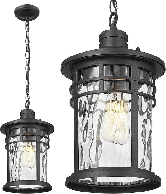 Darkaway Large Outdoor Pendant Lights for Porch, 15inch Outdoor Chandelier Hanging Porch Lights Outside Ceiling Mount Aluminum with Water Ripple Glass for Front Porch Gazebo Patio