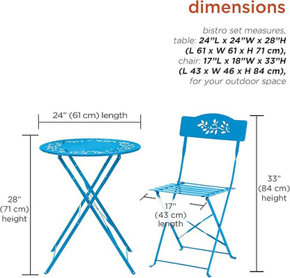 Alpine Corporation 3-Piece Bistro Set with Folding Table and 2 Chairs, Durable Steel Indoor/Outdoor Patio Furniture, Compact Seating, Blue