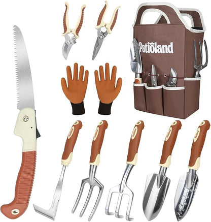 10-Piece Garden Tool Set, Brown Gardening Hand Tools with Non-Slip Handles, Heavy Duty Rust-Proof Aluminum Tools, Organizer Tote Bag & Gardening Gloves, Ideal Gardening Gifts for Women and Men
